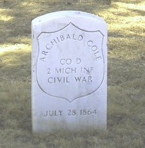 Archibald Cole's grave marker. The unit and company are right, but the date is off by almost a month.